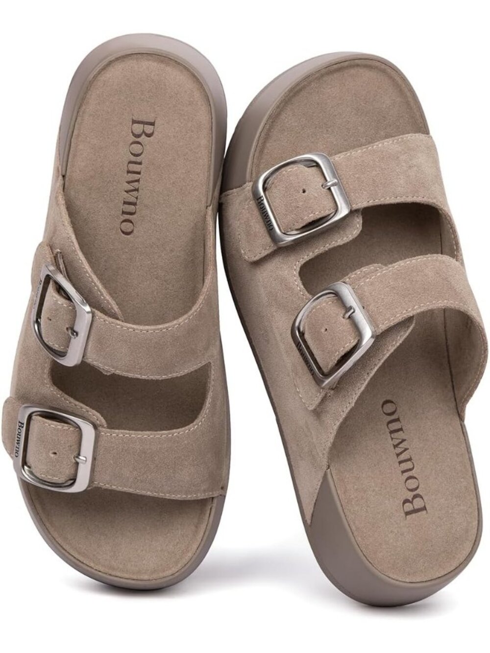 Women's Apricot Slide Buckle Genuine Leather Slip on Beach Platform Sandal Shoes
